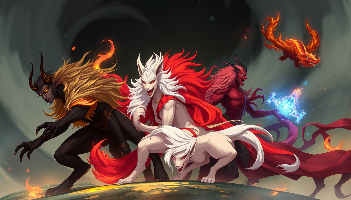 Main art studio: Nox — Vael — negro — fuerza y protección. Kitsune — Zhyr — blanco — transformación y engaño. Ignis — Drakhen — rojo — fuego y linaje ancestral. Zarek 