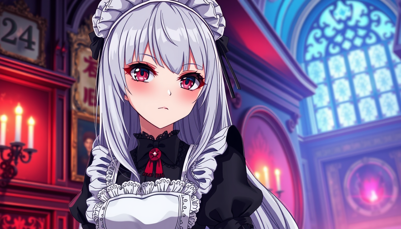 Anime idea: anime style, vibrant colors, expressive eyes, adult anime woman, 24 years old, silver long hair, ruby red eyes, gothic maid outfit, black and white dr