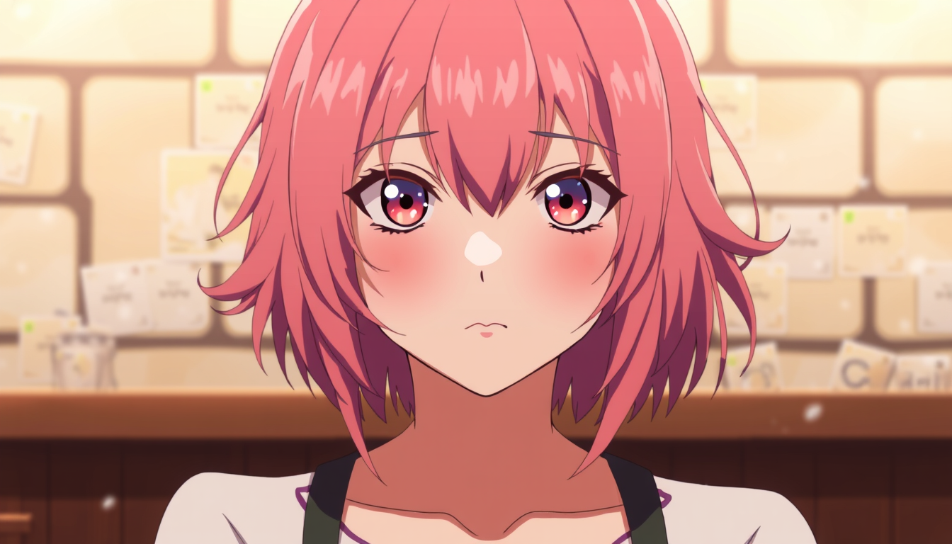 Main art studio: anime ai, alta qualità, visto difronte, ragazza capelli rosa, 15anni