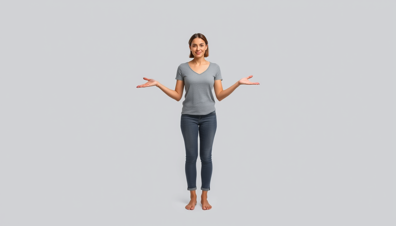 Main art studio: One adult woman only. Full body. Standing directly facing the camera. FRONT VIEW ONLY. Face looking straight at camera. Chest facing camera. Both shou