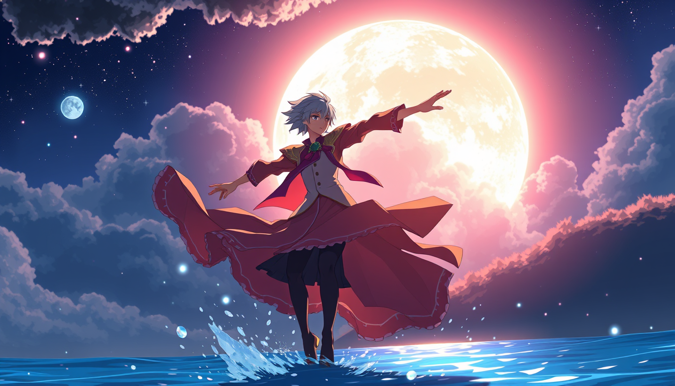 Main art studio: crie para mim uma imagem do Maicol jackson como anime na encima da lua dançando á e plano geral