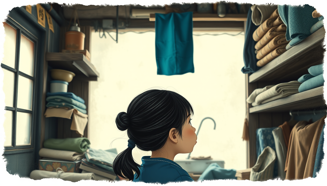 Main art studio: Little Japanese girl with her hair tied up, inside the old ramshackle shop looking up at the blue fabric way up high on a dusty shelf, barely visible 