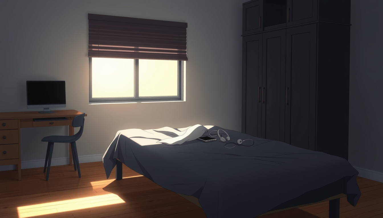 Anime Characters idea: an anime character with a legible silhouette, controlled costume language, and expressive face, deliberate composition, Anime teenage bedroom, single