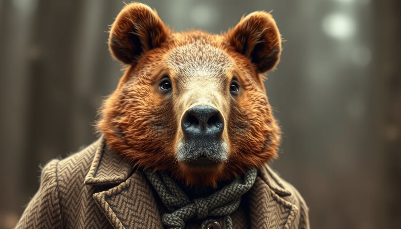 Main art studio: Erzeuge mir bitte ein Bild von einem humanoiden Bär, der wie J.R.R. Tolkien angezogen ist, also mit Tweed-Jacket etc. Der Stil sollte an ein altes Pho
