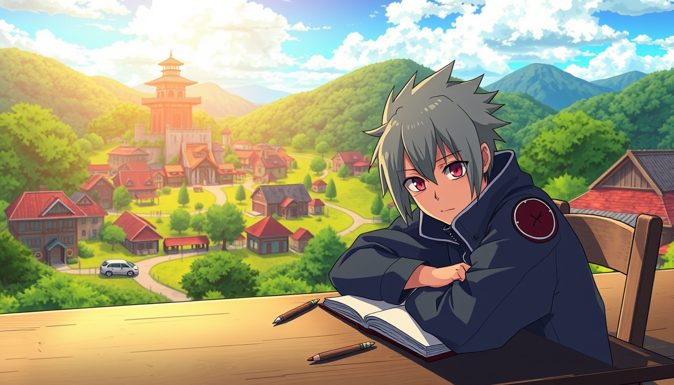 Anime idea: anime style, vibrant colors, expressive eyes, somebody studing on a table with a village in the background (naruto-style) , detailed anime illustratio