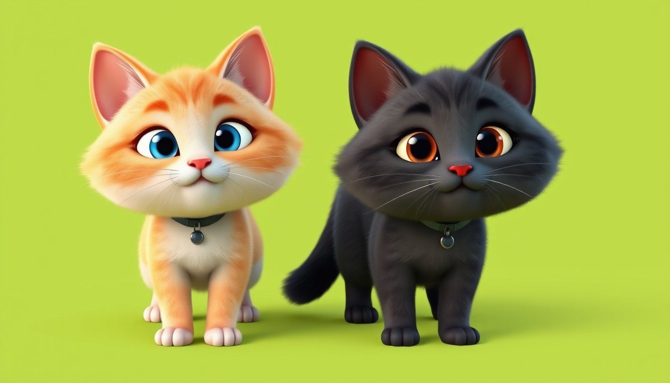 Main art studio: 2 different cute cats in a Pixar-style 3D cartoon look, standing together on a solid bright green background. No shadows, no collars, no necklaces, no