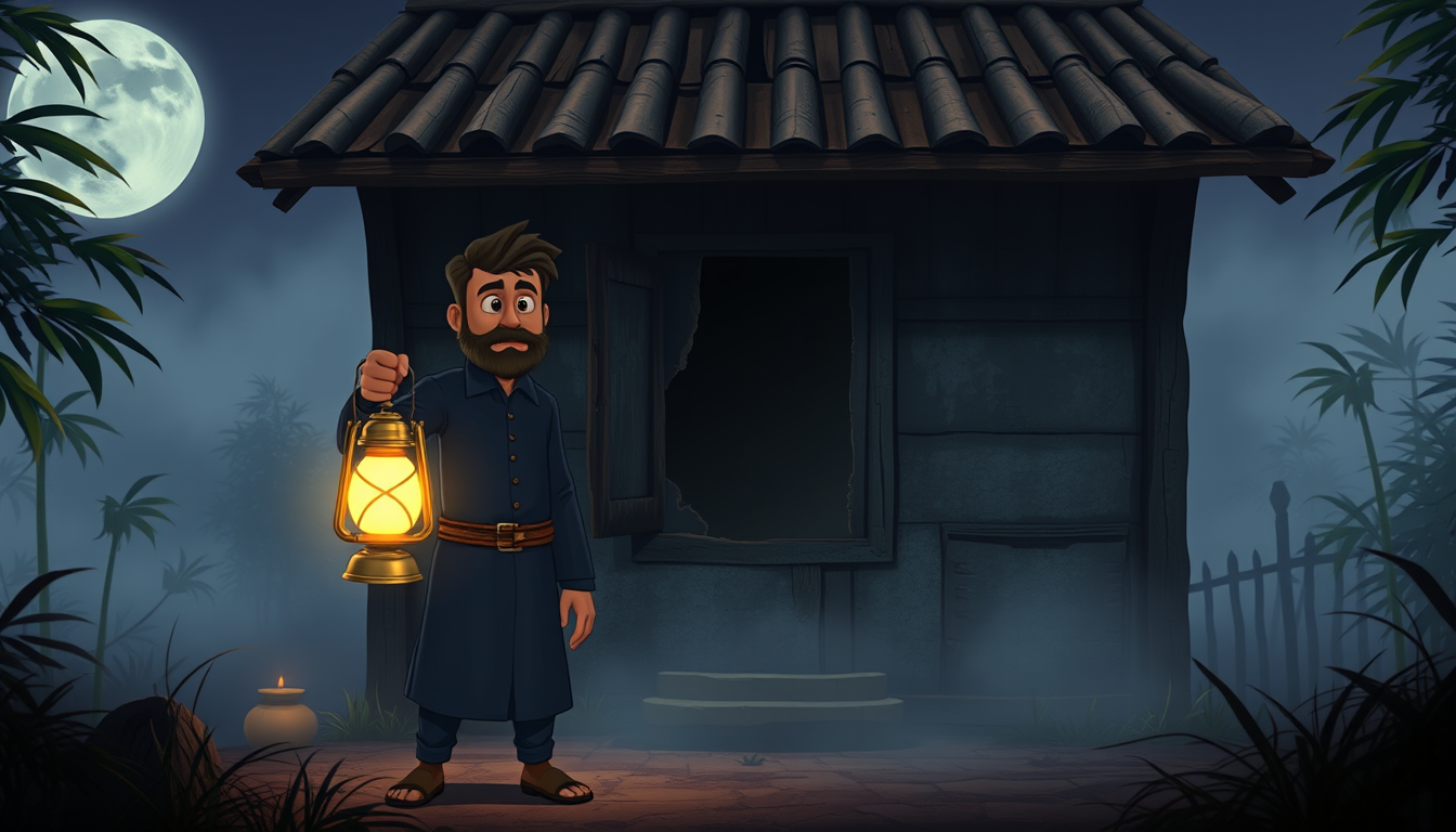 Main art studio: Same Rashed character, same navy-blue outfit and beard. Semi-realistic 3D cartoon Bengali horror. Rashed stands outside an abandoned tin-roof village