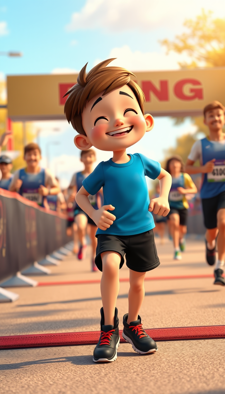 Main art studio: Same boy, bright blue T-shirt, black shorts, black running shoes with red details. He has just crossed the finish line and stands smiling with tears o