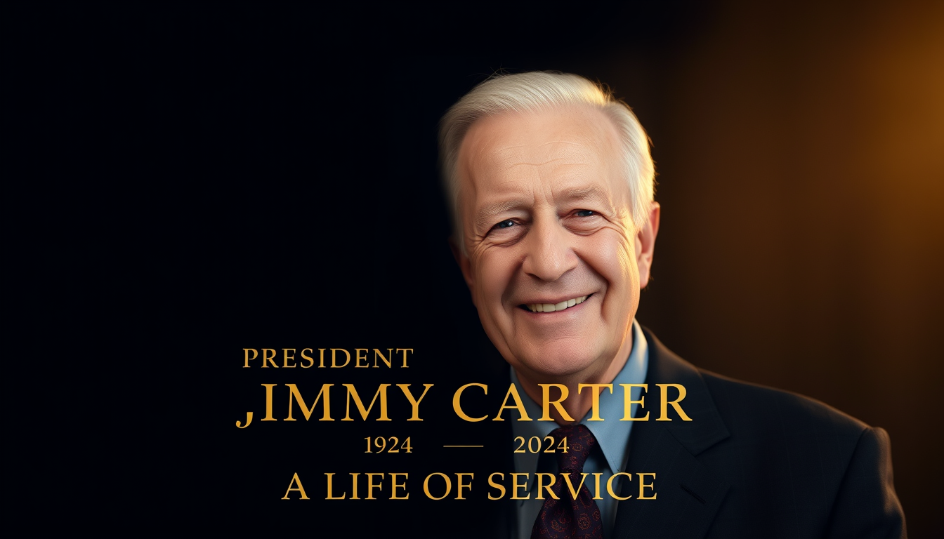 Main art studio: Create a dignified, cinematic memorial tribute image featuring President Jimmy Carter, the 39th President of the United States, using the uploaded pho