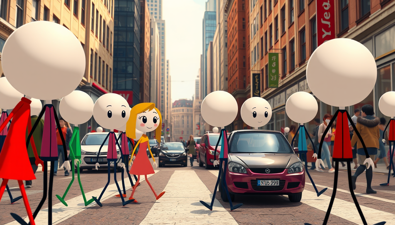 AI Art prompt example created from the prompt: Cinematic cartoon stick figures on a busy city street. Several colorful characters walk past each other, subtly looking at one another, avoi