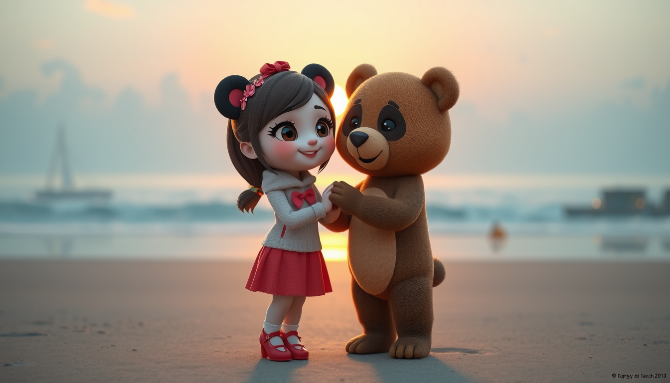 AI Art prompt example created from the prompt: Cute 3D cartoon panda girl and cute brown teddy bear boyfriend, romantic couple, standing together at a beautiful sunset beach, holding hand