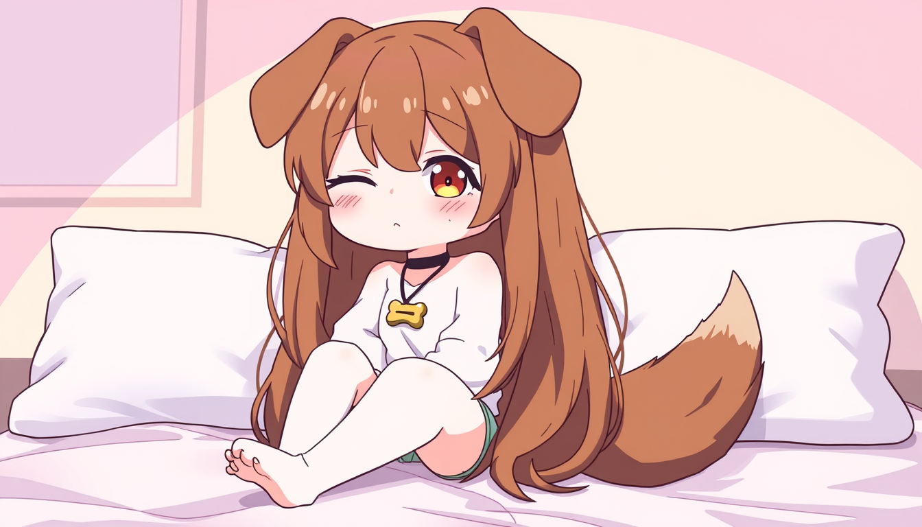 Main art studio: Digital anime illustration of an adorable original character, brown fluffy long hair, puppy ears, brown dog tail, brown eyes, winking, wearing a bone 