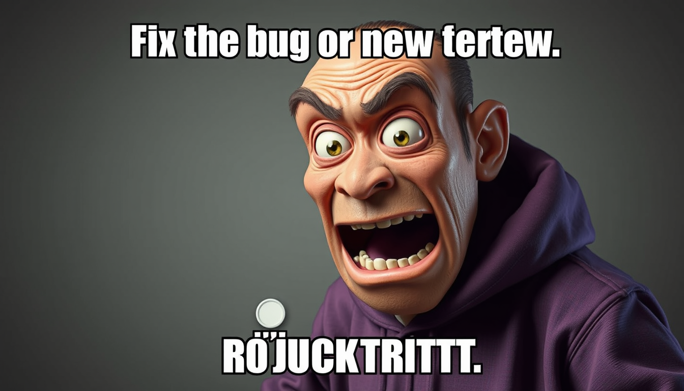 Meme idea created from the prompt: meme image, bold funny visual, exaggerated expressive subject, space for caption, two buttons sweating meme: fix the bug or add a new featur