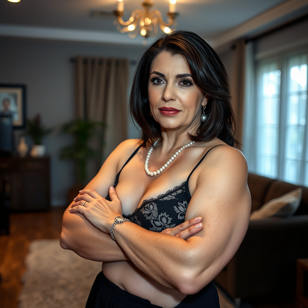 Main art studio: close up of an astonishingly beautiful serious woman around 51, muscular, curvy. She is wearing black lace top, white skin, shoulder length dark brown