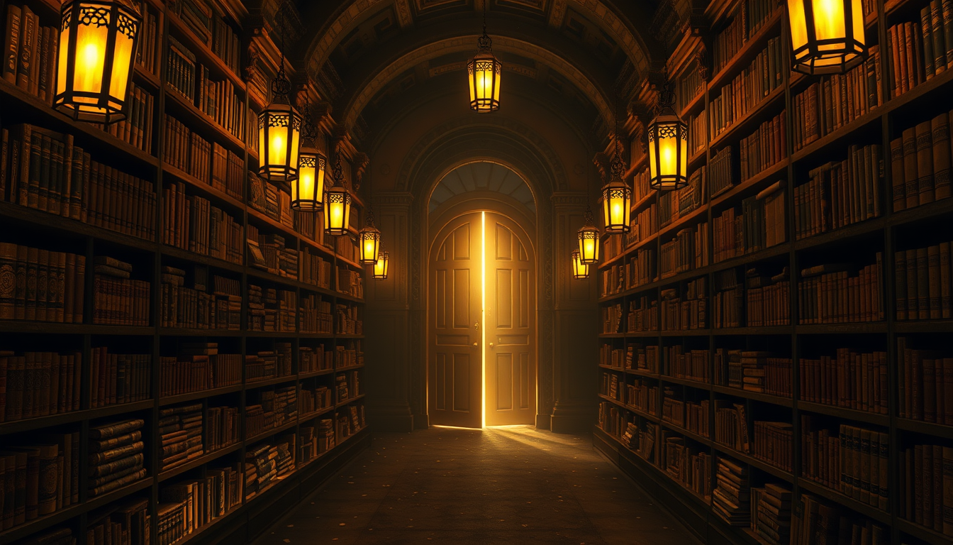 Main art studio: A mysterious ancient Islamic library corridor illuminated by golden lanterns, endless shelves filled with centuries-old manuscripts, a massive wooden