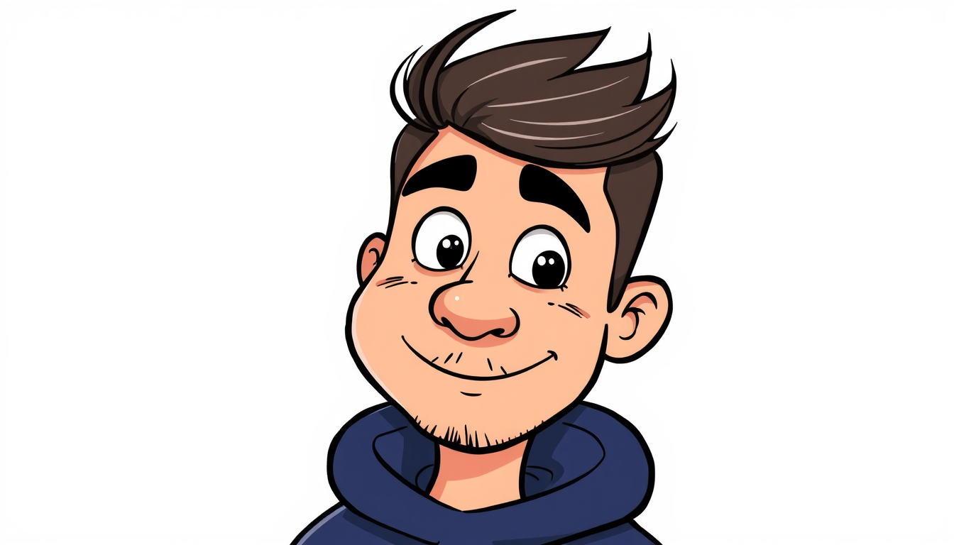 Photo To Cartoon idea: cartoon style portrait from the photo, bold outlines, flat shading, playful proportions, Un nouveau personnage en dessin pour que ça aille dans vice v