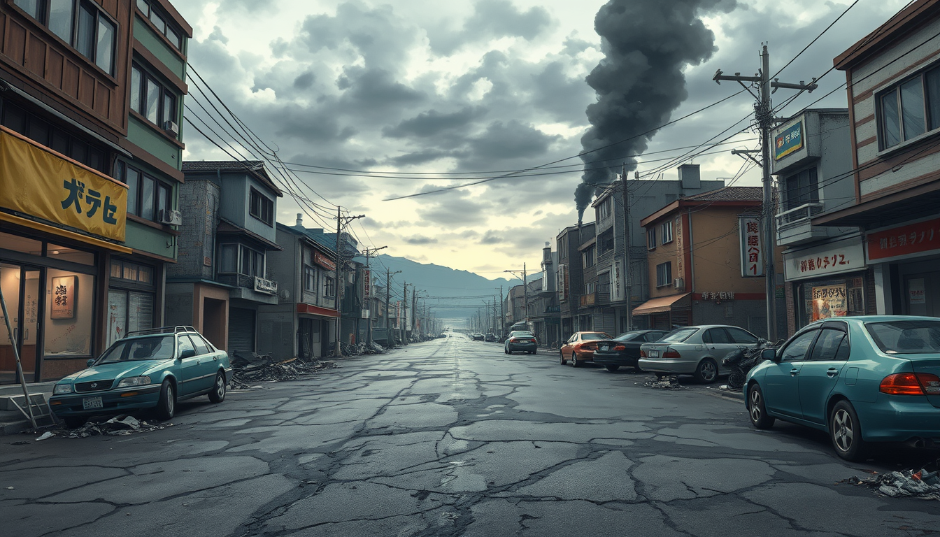 Anime idea: anime style, vibrant colors, expressive eyes, Japanese anime background illustration, abandoned Japanese city after a zombie apocalypse, ruined buildi