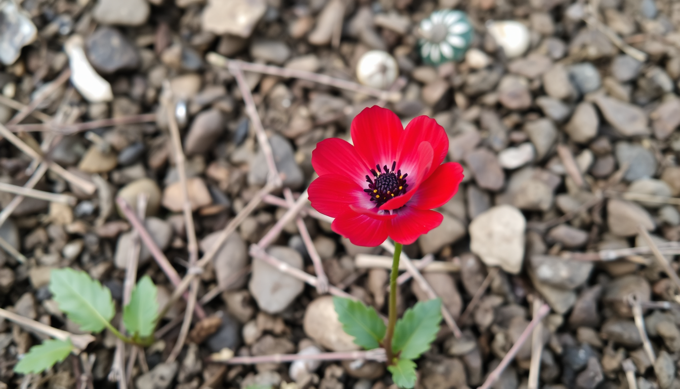 Main art studio: mach mir eine einzelne rote blume. diese wächst inmitten von vertrockneten, braunen gräsern.
