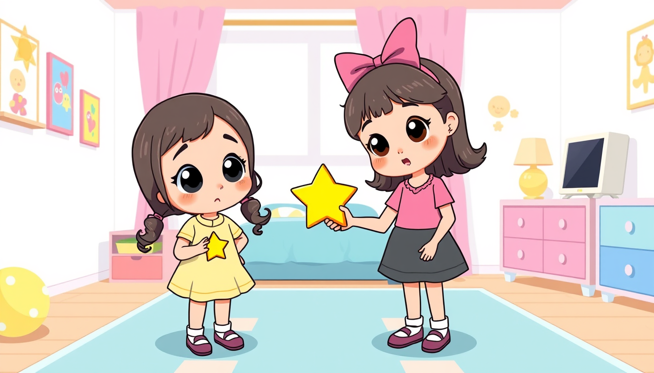 Main art studio: Two cute little sisters in their colorful children's bedroom. Koko looks surprised because her yellow star accessory is missing. Roro is standing besi