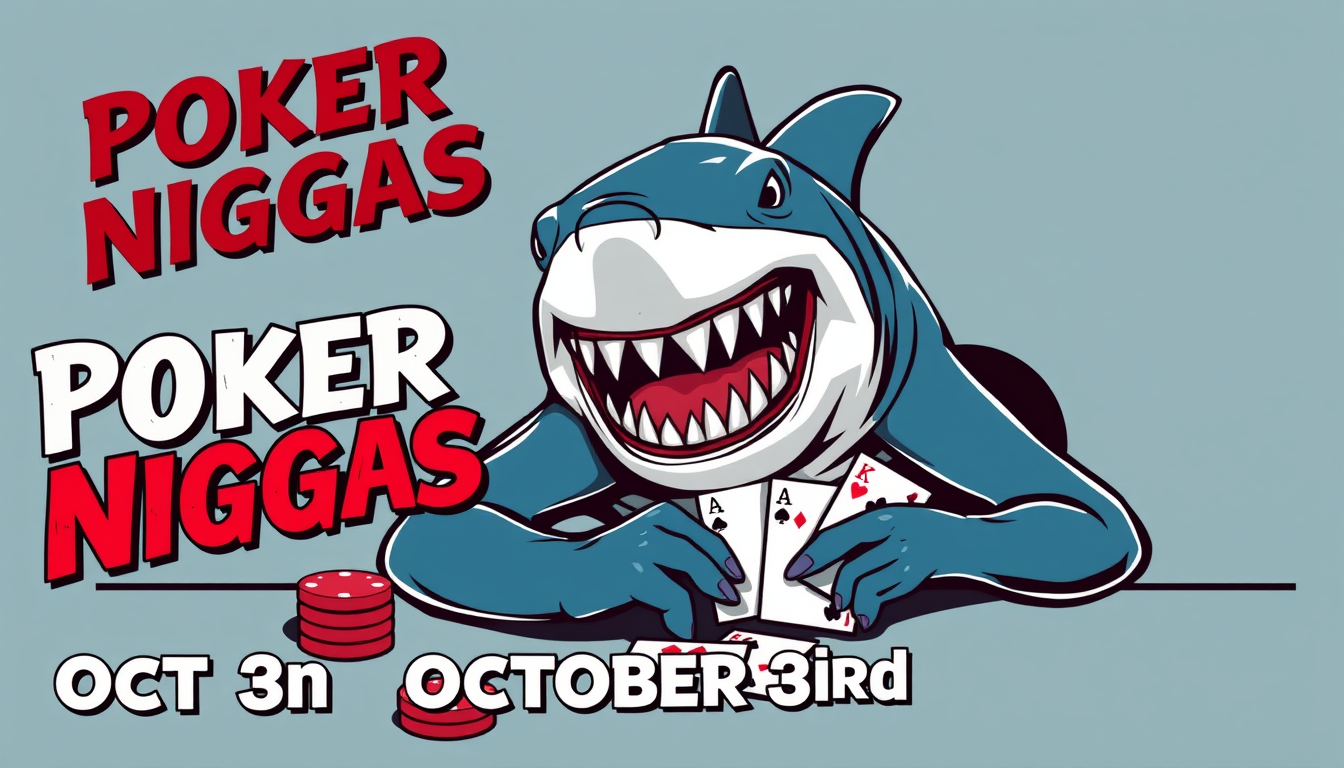 Main art studio: Create an image for a promotional event called “Poker Niggas”; the date will be October 3rd. In the image, create a shark playing poker with crooked t