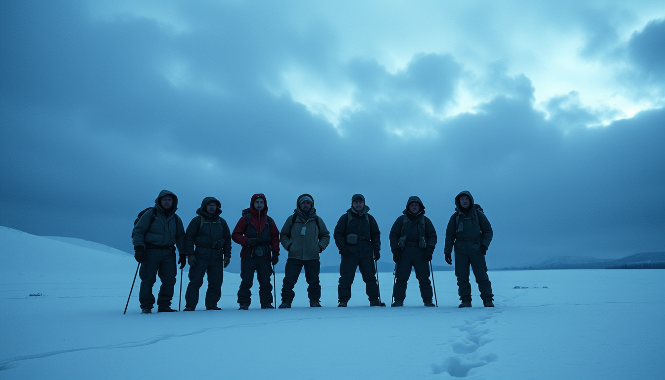 Main art studio: A group of 9 hikers standing in the frozen Ural Mountains during a brutal snowstorm, 1959 Soviet expedition, vast snowy wilderness, dark cloudy sky, i
