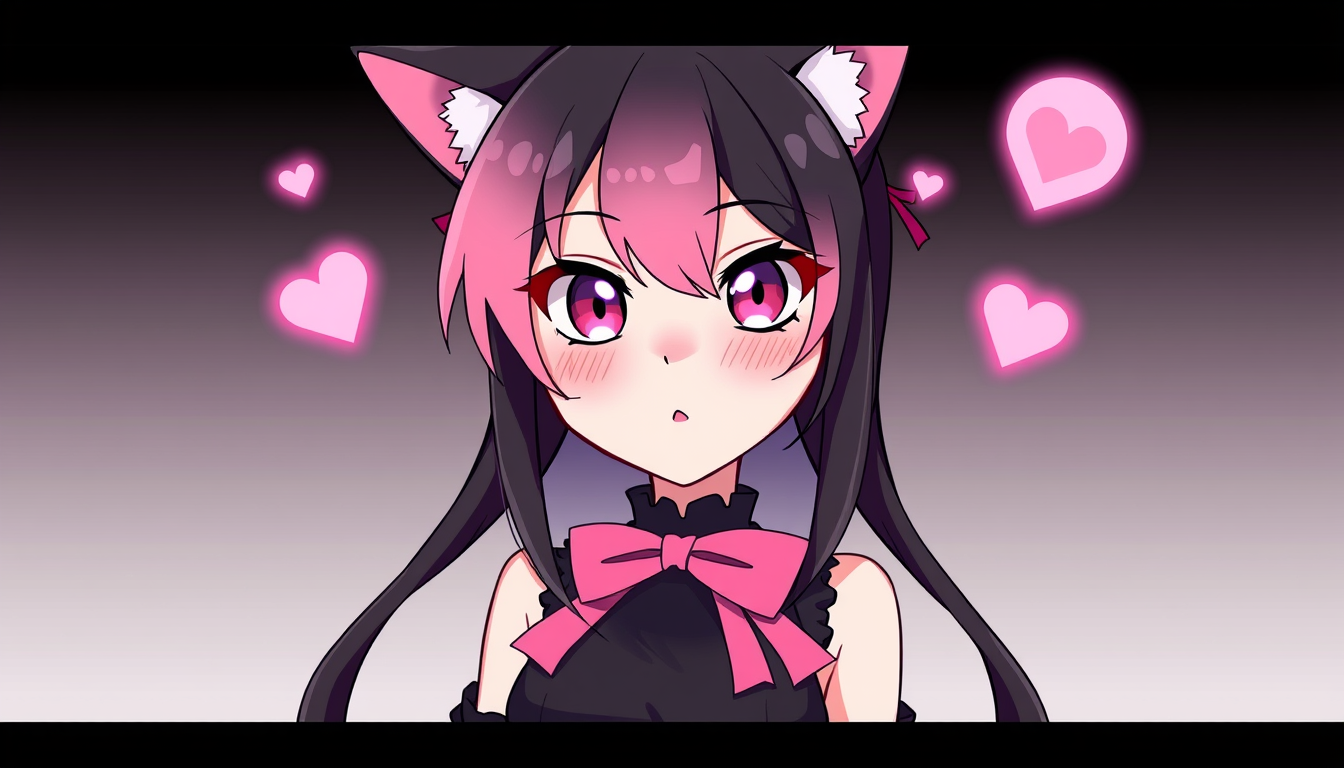 VTuber idea: vtuber avatar character, anime style, expressive face, streaming-ready design, pink-haired cat girl glowing eyes a black dress 2 pink bows and look li