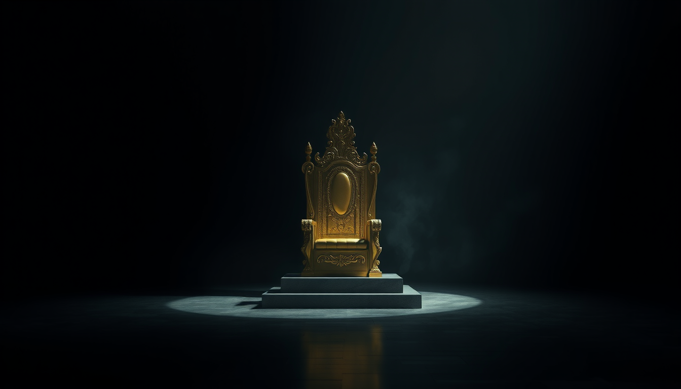 Main art studio: A luxurious golden throne standing alone in darkness while its shadow slowly fades away, symbolizing temporary worldly status, cinematic composition,