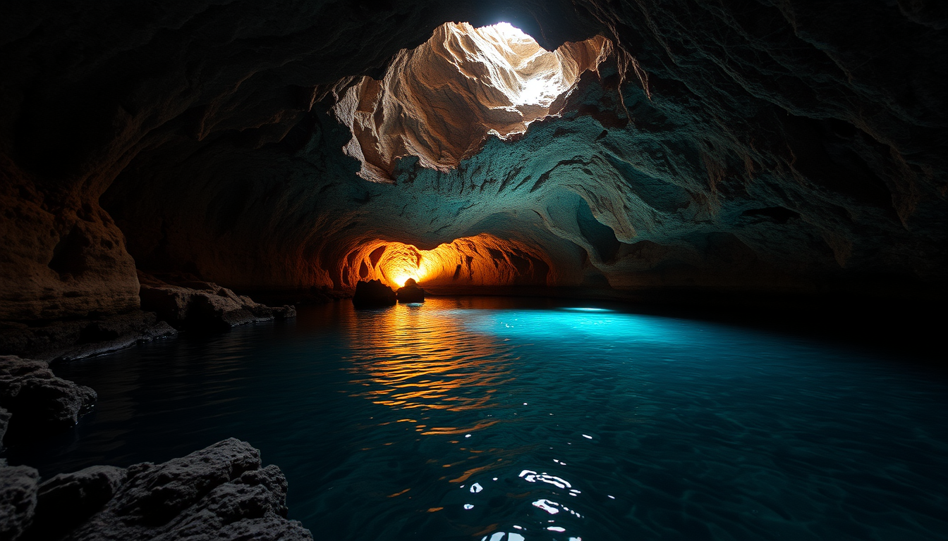 Main art studio: gera uma imagem de um homem na caverna em uma praia