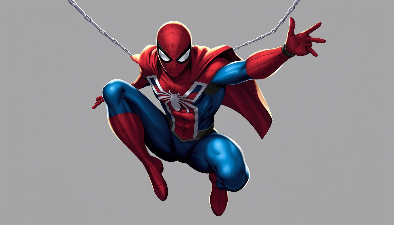 Superhero idea created from the prompt: original superhero character design, dynamic pose, bold costume, dramatic lighting, comic art energy, Spiderman se balançant avec sur lui un