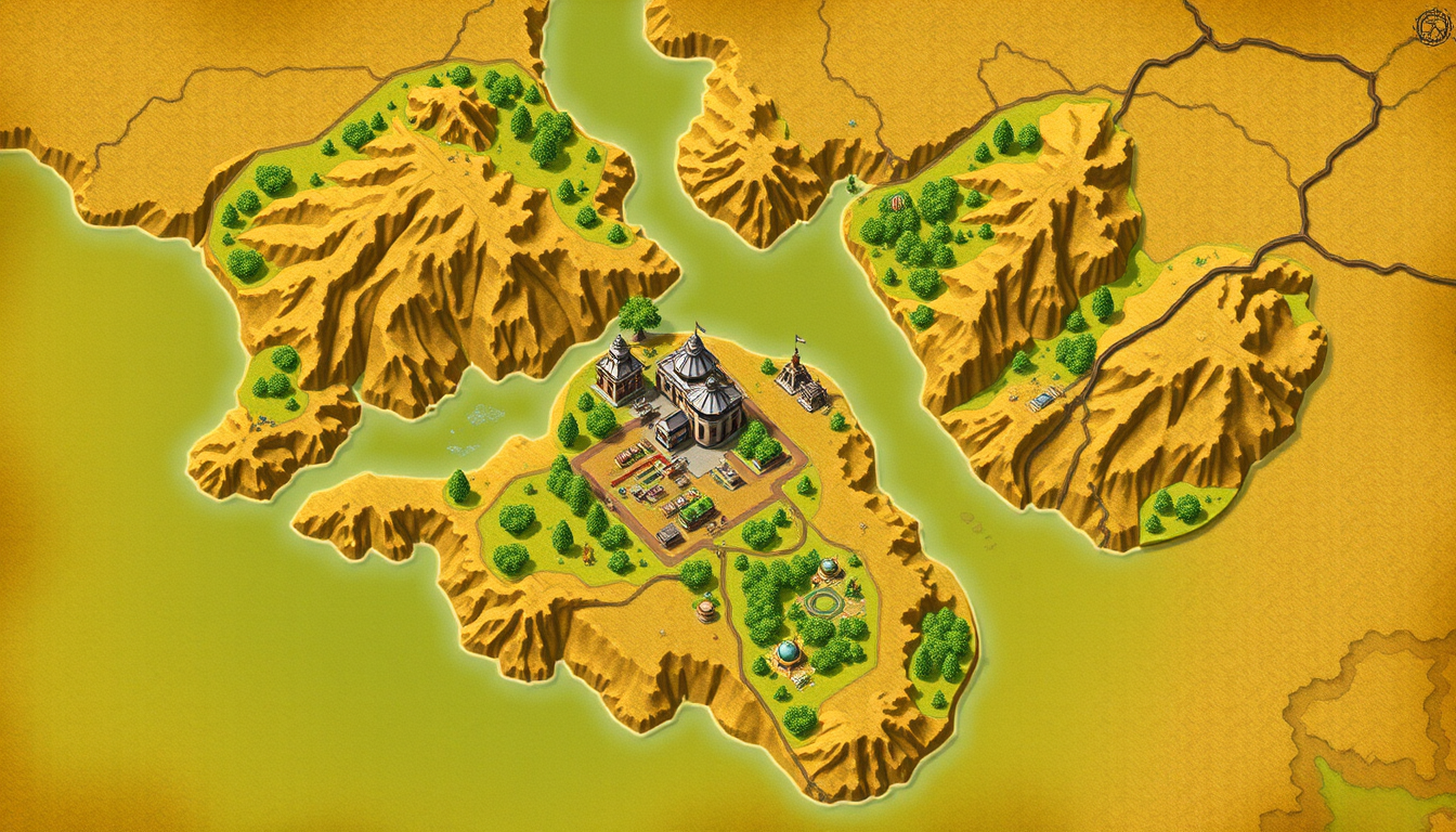 Main art studio: Quiero que hagas un mapa de una región. Quiero que la región tenga una zona con una ciudad de tamaño pequeño, algo como una fabrica y, junto a la fábr