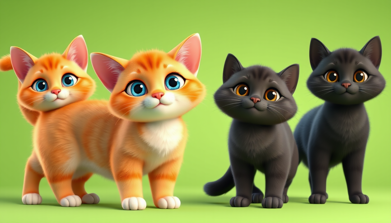 Main art studio: 2 different cute cats in a Pixar-style 3D cartoon look, standing together on a solid bright green background. No shadows, no collars, no necklaces, no