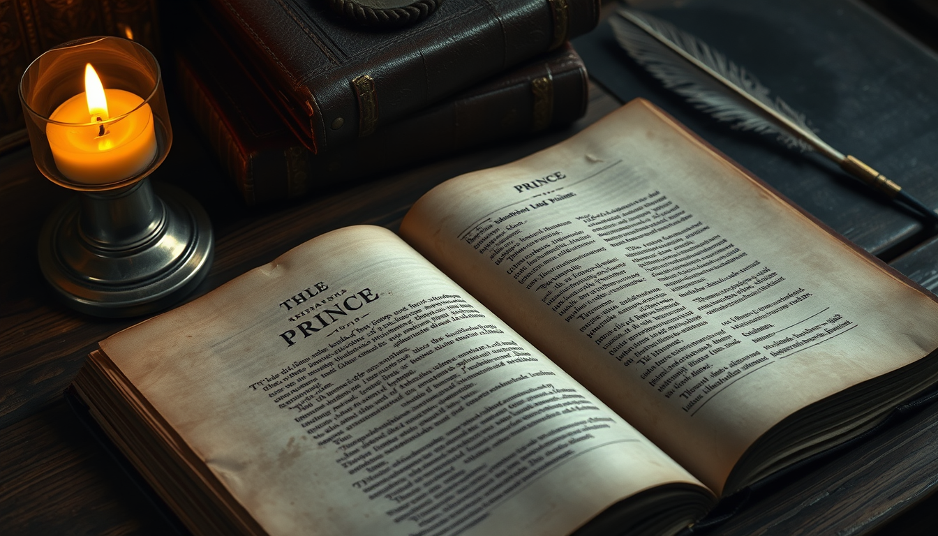 AI Art prompt example created from the prompt: An old Renaissance manuscript representing The Prince by Niccolo Machiavelli lying on a wooden desk, aged parchment pages, leather-bound boo