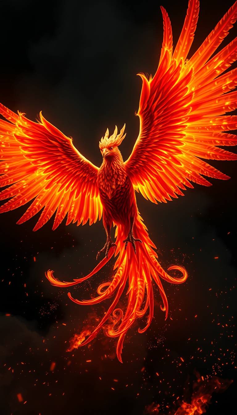 Main art studio: A majestic mythical phoenix (Fenix) rising from glowing golden-orange flames, enormous wings fully spread, detailed fiery feathers, intense radiant ey
