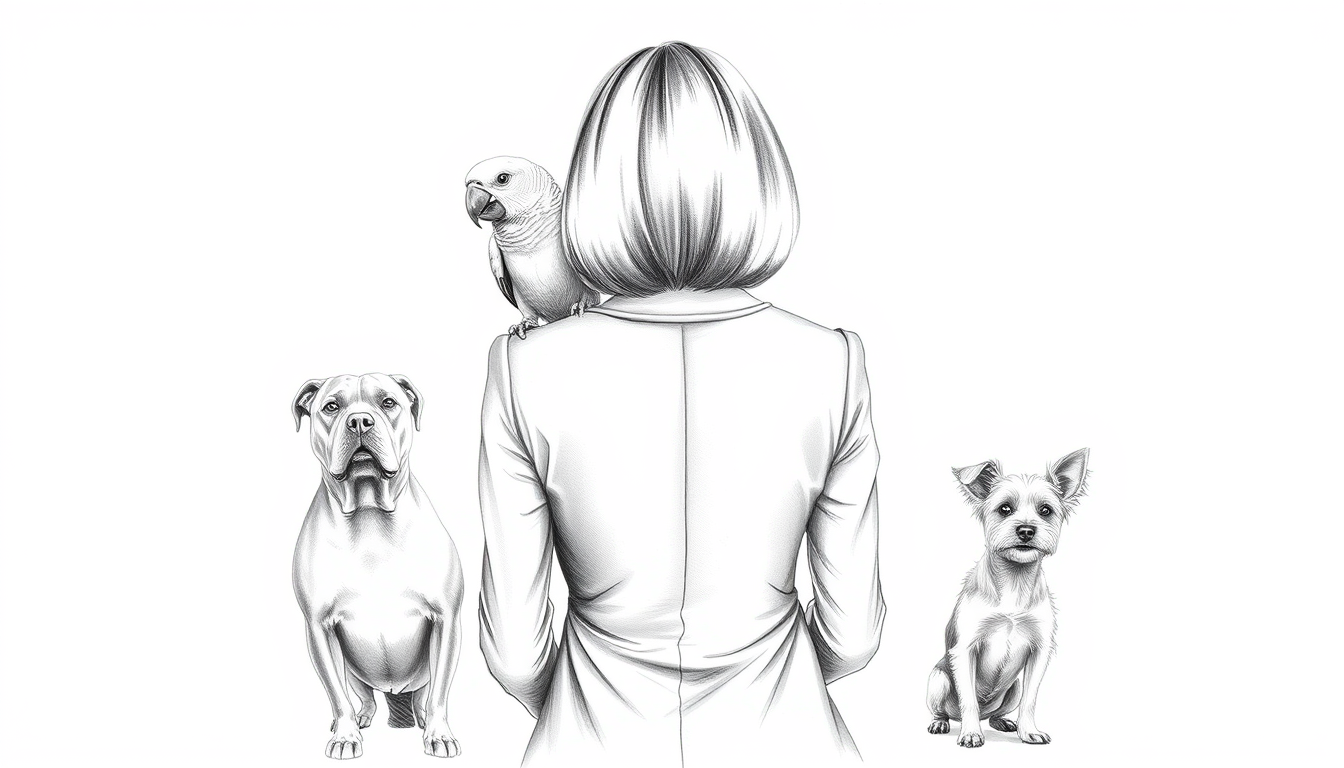 Main art studio: Elegant black and white pencil drawing, a woman standing seen from behind, with shoulder-length darker ( but not dark) hair. 2 parrots are sitting gen