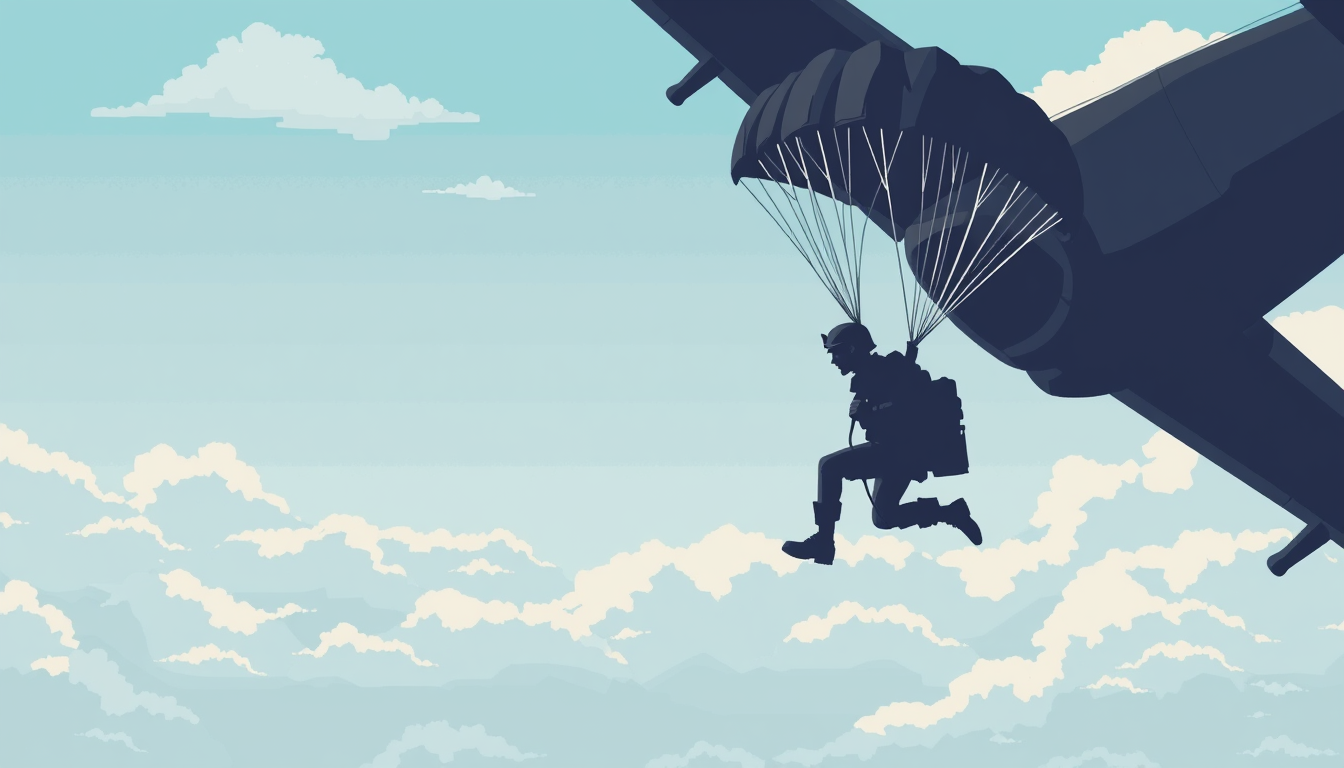 Sprites idea: a single readable game sprite with a controlled silhouette, palette, scale, and viewing angle, deliberate composition, Paratrooper from world war two