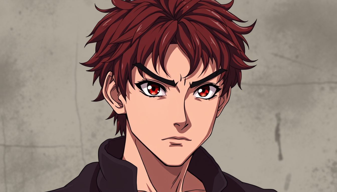 Anime idea: anime style, vibrant colors, expressive eyes, Full-color dark shonen manga/anime style portrait of a sturdy, muscular 12-year-old boy, wavy dark rust-