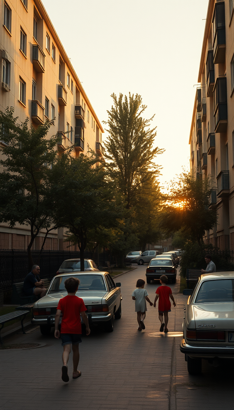 Main art studio: Photorealistic residential courtyard in the mid-1980s, peaceful summer evening, Soviet-era apartment buildings, children walking home, adults sitting 