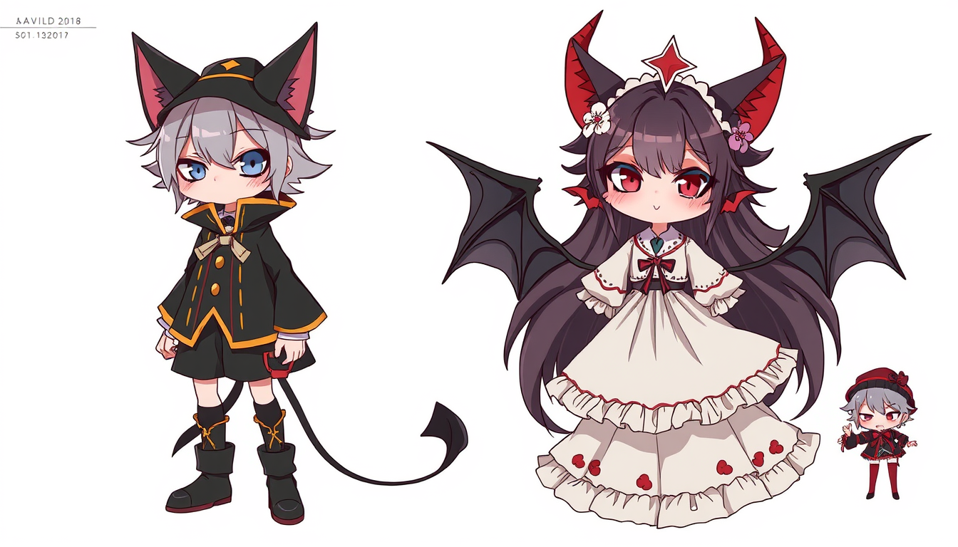 Characters idea: original character design, detailed outfit and accessories, expressive personality, It s bad and good cat devil and doll , character concept art illus