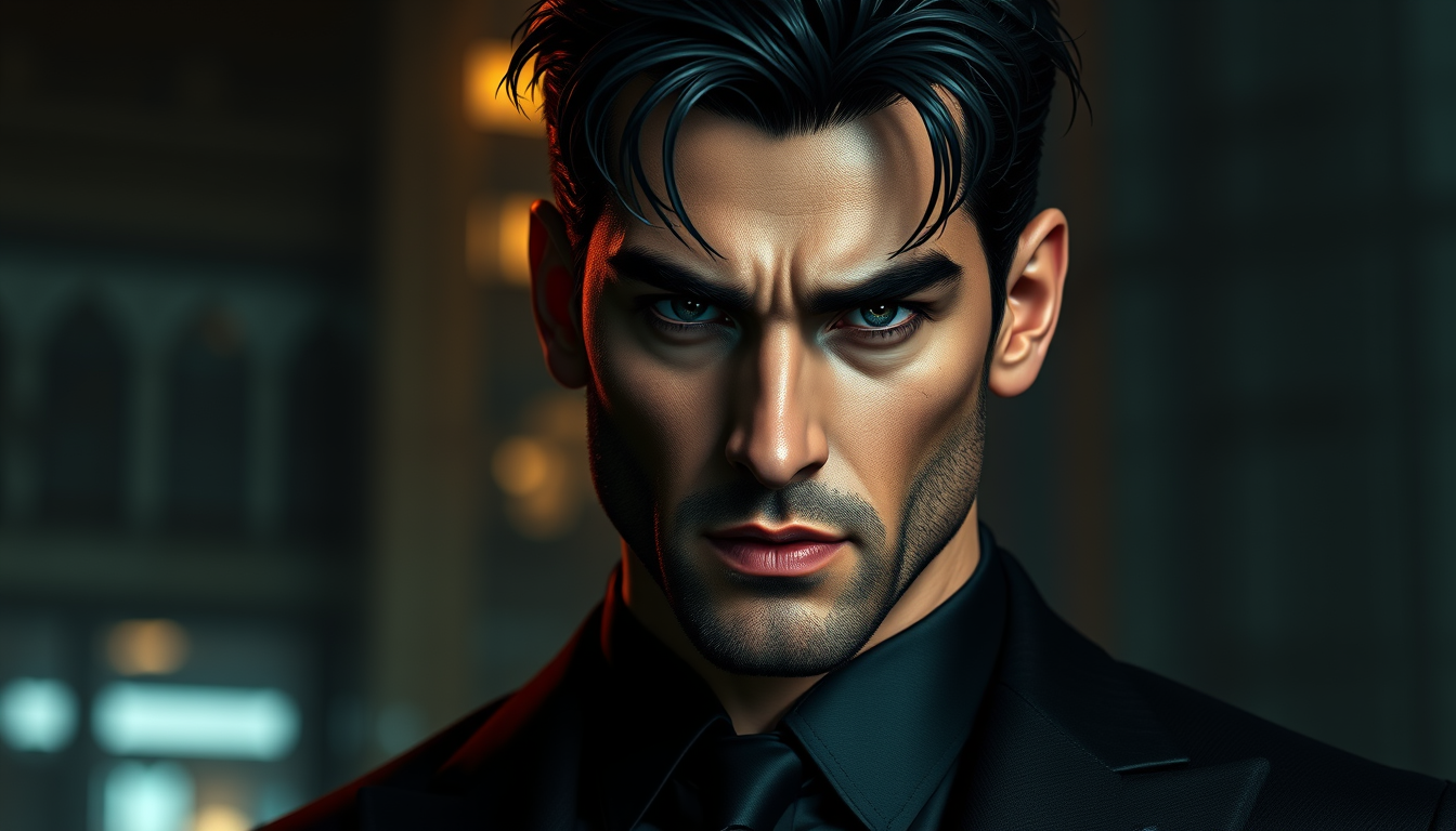 Main art studio: Handsome adult male, sharp jawline, messy jet-black hair, piercing dark eyes, tall athletic build, black luxury suit, cold intimidating expression, my