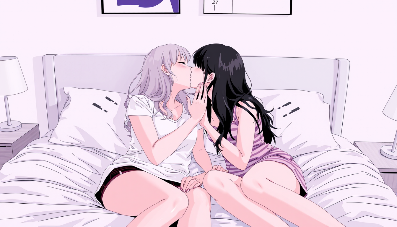 Main art studio: Two girls are kissing on the bed.