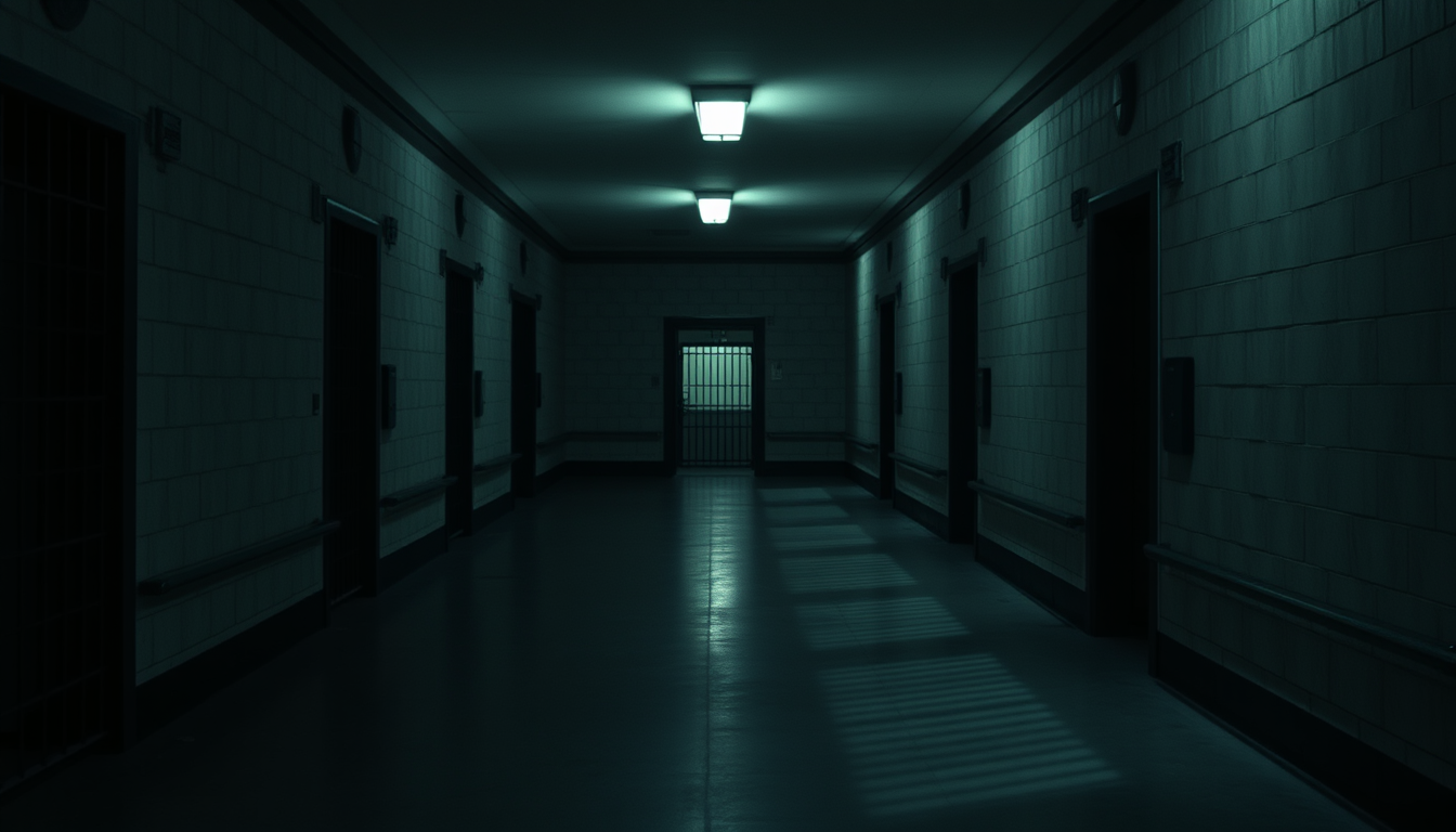 Main art studio: The Three Empty Cells Long corridor of Alcatraz prison at day , three adjacent prison cells visible, guards' lights casting long shadows across the fl