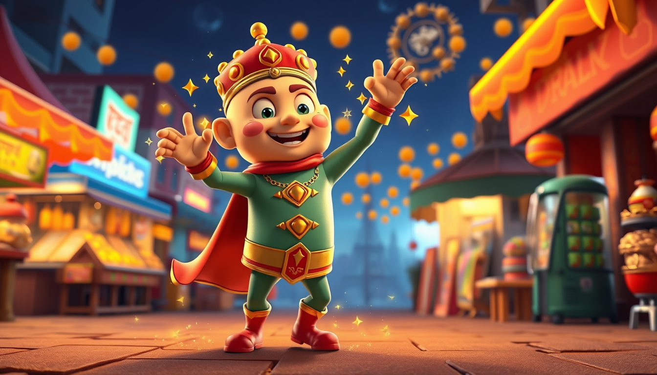 Main art studio: Same Cromdo character dancing with little sparkles after eating the magical samosa, striking a funny superhero pose, golden magical aura around his bo
