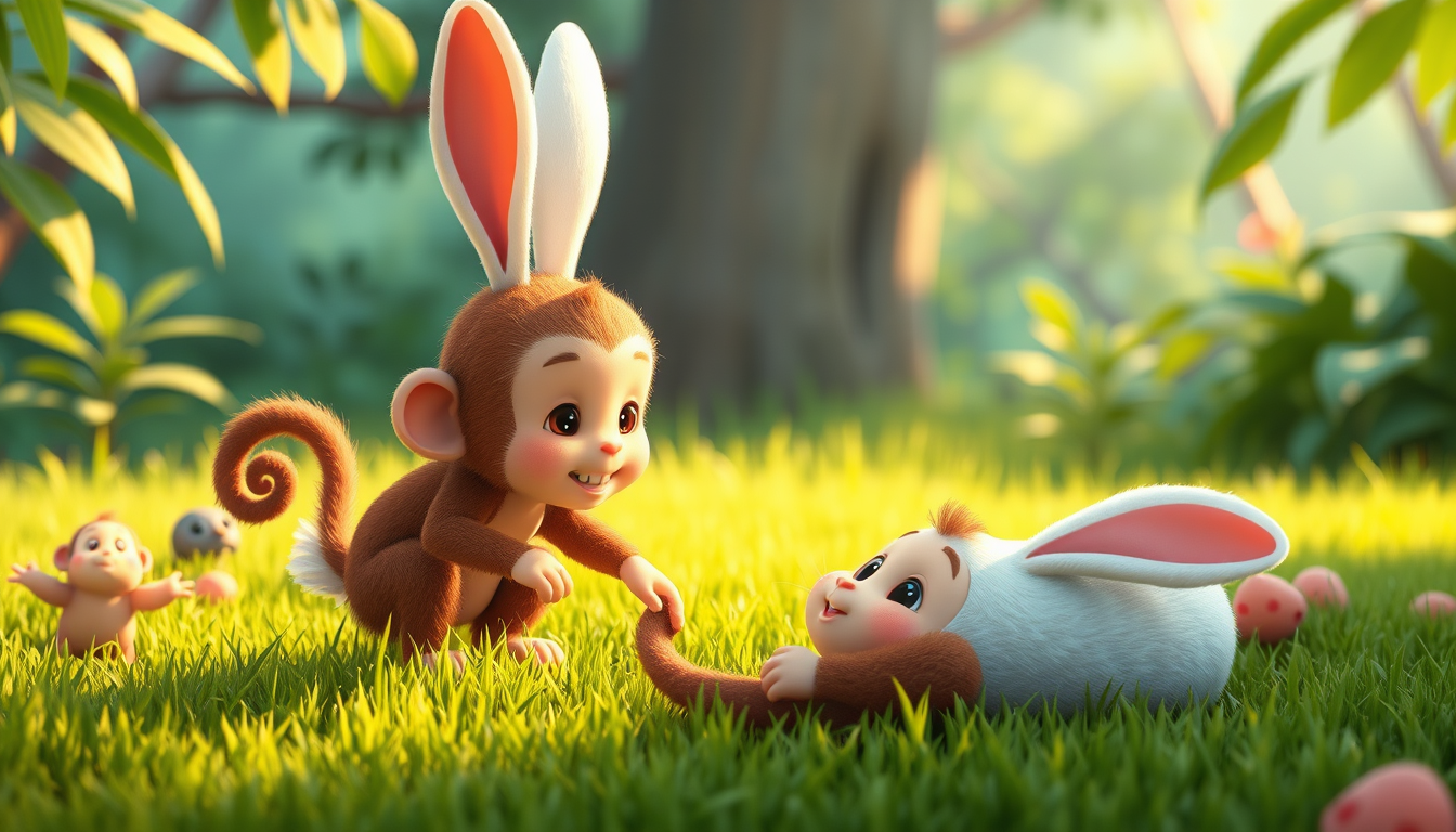 Main art studio: 16.” इमेज 6 — खरगोश बंदर की मदद करता है “Heartwarming 3D animated scene, a cute white rabbit helping a brown monkey who has fallen on the grass, both
