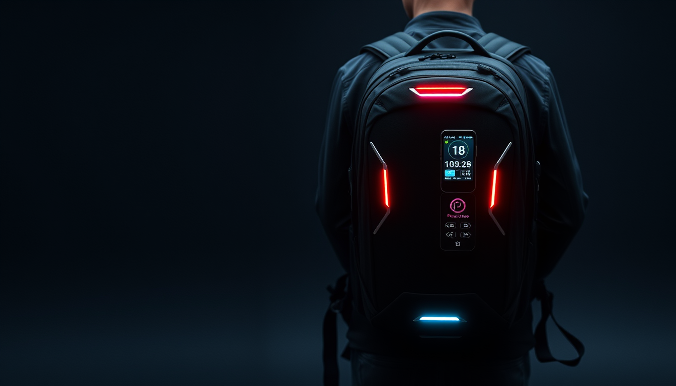 Main art studio: Erstelle mir ein Bild von einem Smart Rucksack mit LED, GPS, Sprachsteuerung. Am Besten einen etwas dunkleren Hintergrund