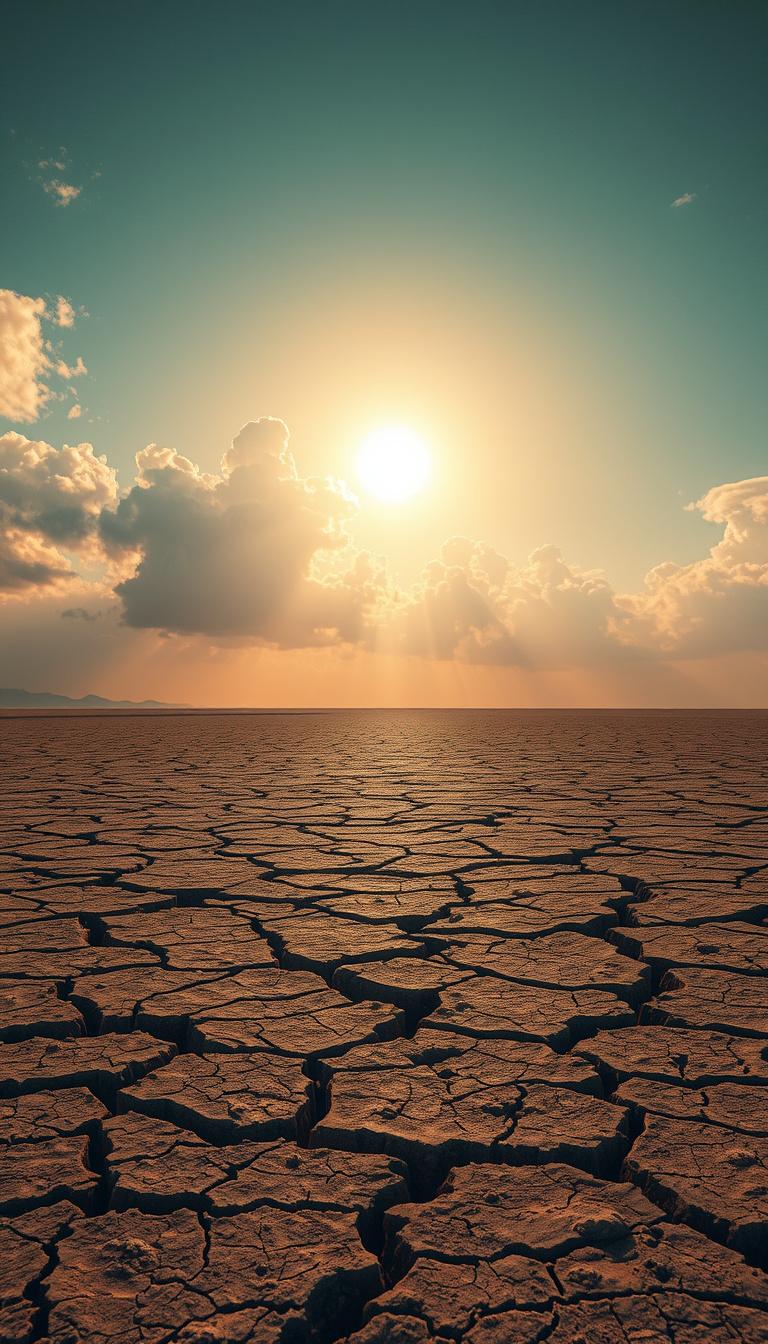Main art studio: Cracked dry land under a burning sun with empty clouds above, ultra realistic, cinematic, 9:16