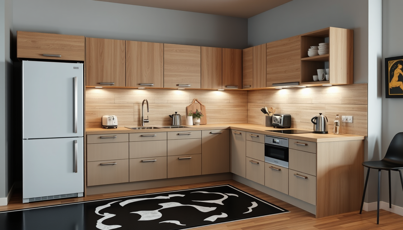 Main art studio: Ich möchte ein Bild von einer küchenzeile eine l-zeile ganz rechts steht ein Kühlschrank in edelstahloptik die unteren Schränke bitte in anthrazit nor