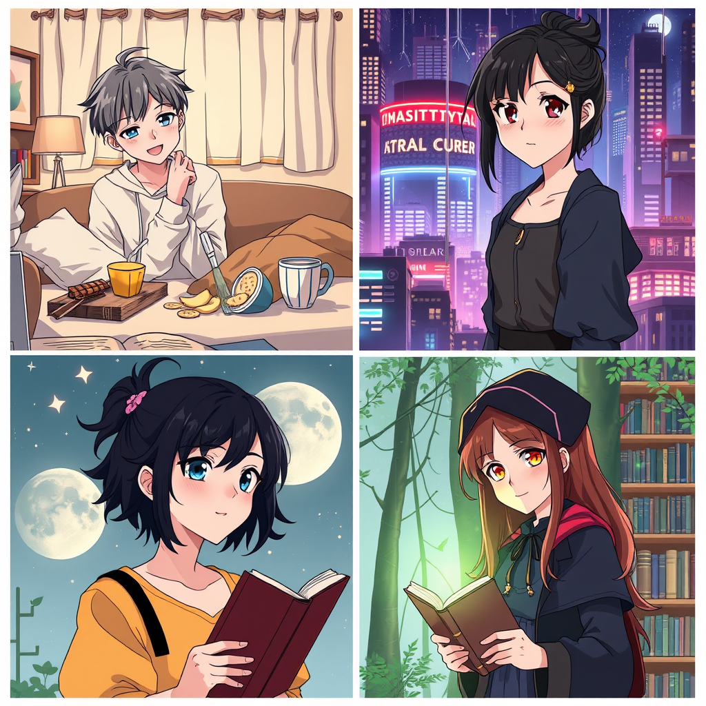 Main art studio: 2x2 anime portrait contact sheet, clear panels, no text, cinematic polished art. Top left: Rumi, playful androgynous adult roommate making a snack mes