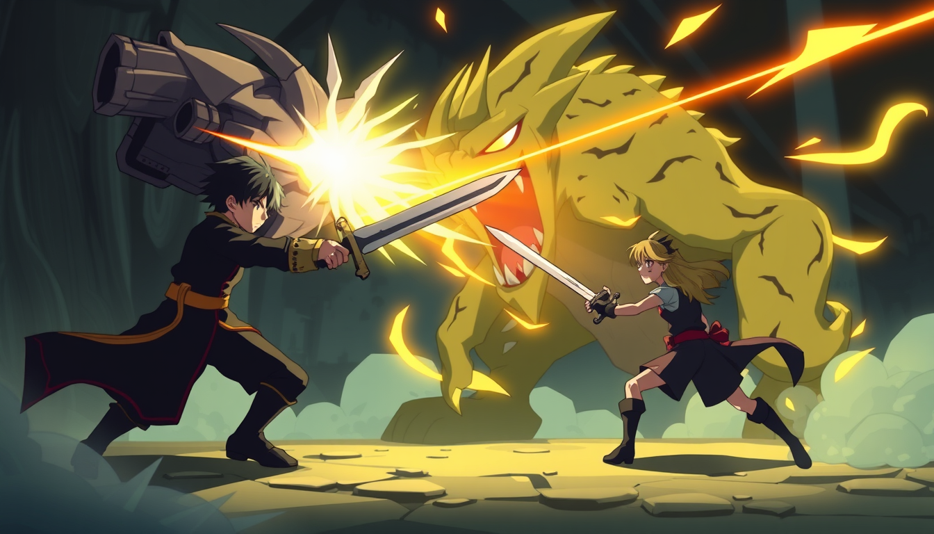 Main art studio: a 2d anime style video in witch the main character with a sword is fighting to a Monster. The Monster throw a lazer beem through his mouth, the main c