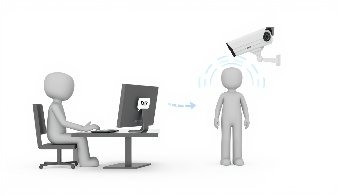 Main art studio: Create a simple 3D-style illustration of an NVR Talk feature. Left: a simple human person sitting at a PC and clicking the highlighted “Talk” button.