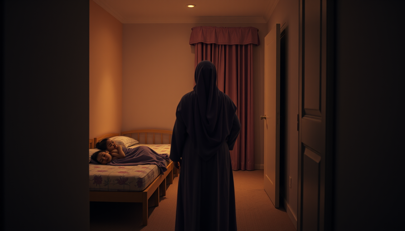 Main art studio: Ultra-realistic cinematic night photograph, viewed from the hallway looking into a beautiful girls' bedroom. Three identical small beds are clearly vi